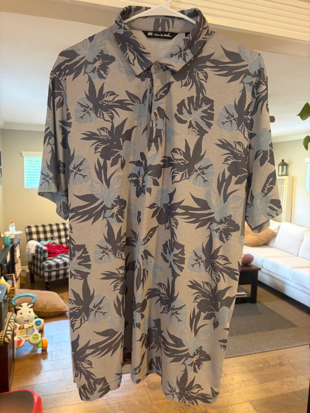 Travis Mathew Blue & Gray Floral Short Sleeve Polo